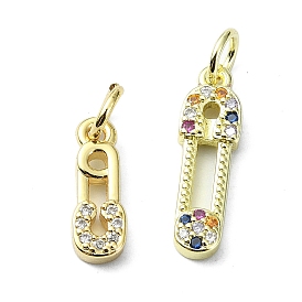 Brass Micro Pave Cubic Zirconia Pendants, with Jump Ring, Real 18K Gold Plated, Safety Pin Charm
