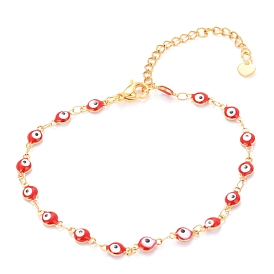 304 Stainless Steel Link Bracelets, with Enamel and Lobster Claw Clasps, Evil Eye, Red