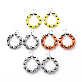 Sport Theme Acrylic Round Beaded Dangle Earrings, 304 Stainless Steel Jewelry for Women