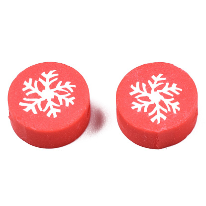Handmade Polymer Clay Beads, Christmas Style, Flat Round with Snowflake