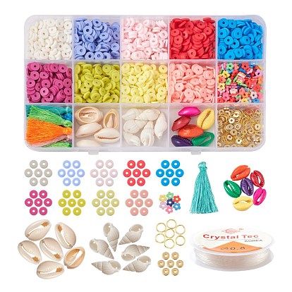 DIY Tassel Charm Heishi Beads Jewelry Set Making Kit, Including Polymer Clay & CCB Plastic Beads, Polyester Tassel Pendant Decorations, Natural Cowrie Shell Beads, Iron Jump Rings, Elastic Thread