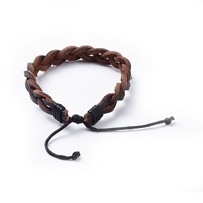 Adjustable Cowhide Leather Cord Braided Bracelets, with Waxed Cotton Cord