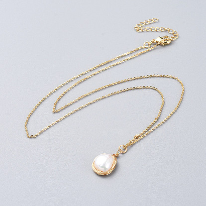 Pendants Necklaces, with Natural Baroque Pearl Keshi Pearl Beads, Brass Cable Chain and Lobster Claw Clasps