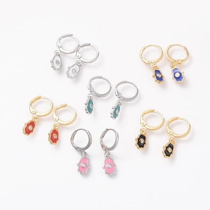 Brass Hoop Earrings, with Micro Pave Cubic Zirconia and Enamel, Hamsa Hand/Hand of Fatima/Hand of Miriam