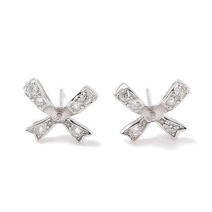 925 Sterling Silver Micro Pave Cubic Zirconia Earring Settings Findings, for Half Drilled Beads, Bowknot