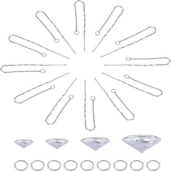 Комплекты для изготовления сережек, подвески из фианита с заостренным концом, 304 фурнитура из нержавеющей стали для серег, граненые, плоско-круглые