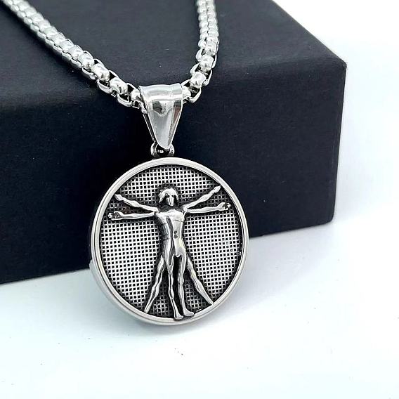 304 из нержавеющей стали ожерелье, плоский круг с витрувианским человеком, цепочка-коробка ювелирные изделия для мужчин и женщин