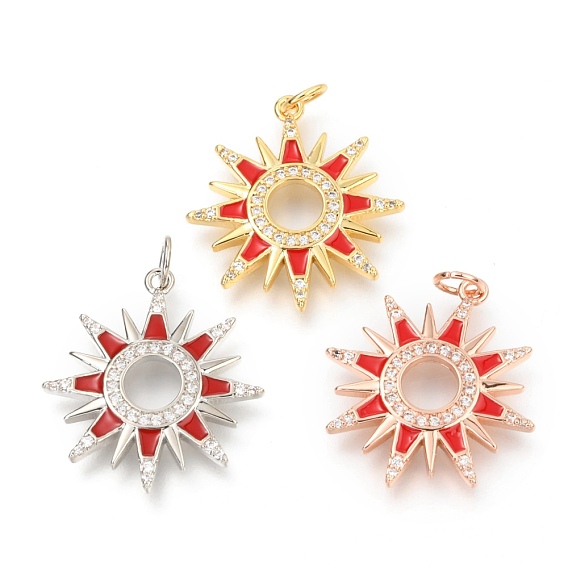 Brass Micro Pave Clear Cubic Zirconia Solar Eclipse Pendants, Long-Lasting Plated, with Jump Rings & Enamel, Sun
