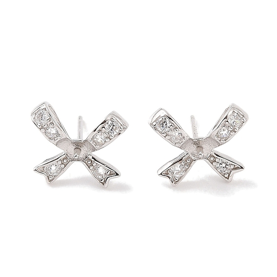 925 Sterling Silver Micro Pave Cubic Zirconia Earring Settings Findings, for Half Drilled Beads, Bowknot