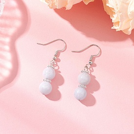 Круглые серьги-подвески из натурального халцедона с имитацией аквамарина, с латунными крючками для сережек и бусинами из сплава