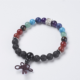 Chakra Jewelry, Natural Gemstone Buddha Stretch Bracelets, with Brass Findings, Cube with Ohm