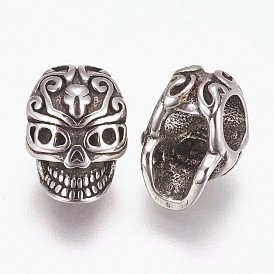 316 Surgical Stainless Steel European Beads, Large Hole Beads, Skull
