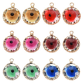Nbeads 12Pcs 6 Colors Transparent Glass Pendants, with Brass Prong Settings, Faceted, Flat Round with Evil Eye, Light Gold