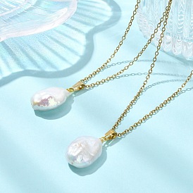 Natural Baroque Keshi Pearl Oval Pendant 304 Stainless Steel Cable Chain Necklaces, White