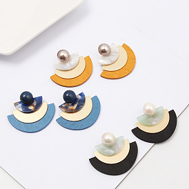 Chic Resin Half Circle Wood Copper Pearl Inlay Earrings Studs for Fashionable and Personal Style