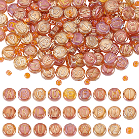 104 шт. 26 стили гальванизированные стеклянные бусины, 150 шт. Стеклянные бусины, плоские круглые с письмом ~ г, с покрытием цвета радуги