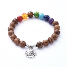 Chakra bijoux, étirer bracelets de charme, avec des perles naturelles de pierres précieuses, Perle en bois, pendentifs en alliage et 304 perles en acier inoxydable, fleur