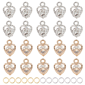 PandaHall Elite Alloy Charms, with Clear Cubic Zirconia and Brass Jump Rings, Heart Shape