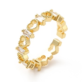Clear Cubic Zirconia Love Heart Open Cuff Ring, Brass Jewelry for Women