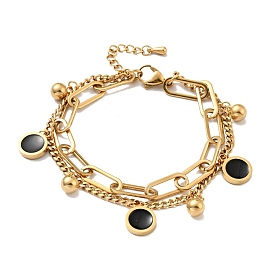 Многожильный браслет из плоской круглой и круглой шариковой подвески из смолы, вакуумное покрытие pvd 304 браслет из двухслойных цепей из нержавеющей стали для женщин