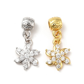 Rack Plating Brass Micro Pave Clear Cubic Zirconia Pendants, Long-Lasting Plated, Cadmium Free & Lead Free, Flower