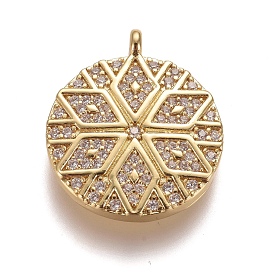Brass Micro Pave Clear Cubic Zirconia Pendants, Flat Round with Flower
