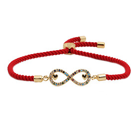 Infinity 8-shaped Zirconia Bracelet with Milan Red Thread and Colorful Cubic Zirconia Gold Plating Adjustable Bracelet