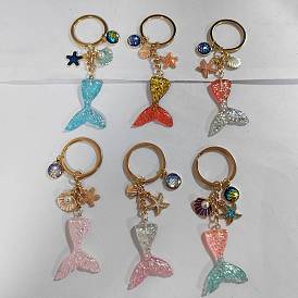 6Llavero de aleación de esmalte con forma de cola de sirena y estrella de mar de resina, con anillos de hierro