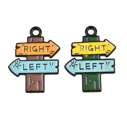 Alloy Enamel Pendants, Left Right Road Sign Charms, Black
