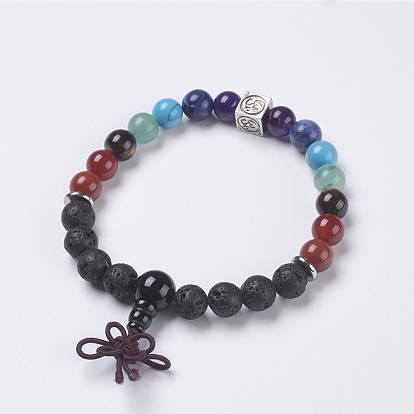Chakra Jewelry, Natural Gemstone Buddha Stretch Bracelets, with Brass Findings, Cube with Ohm