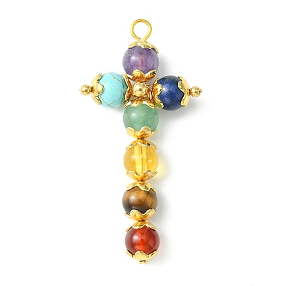 Chakra Gemstone Pendants, Cross Charms with Golden Plated 304 Stainless Steel and Brass Findings, Mixed Dyed and Undyed