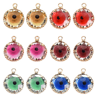 12Pcs 6 Colors Transparent Glass Pendants, with Brass Prong Settings, Faceted, Flat Round with Evil Eye, Light Gold