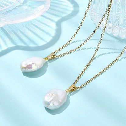Natural Baroque Keshi Pearl Oval Pendant 304 Stainless Steel Cable Chain Necklaces, White