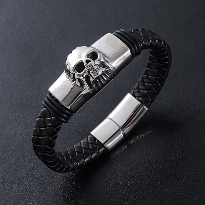 Браслеты из плетеного шнура из искусственной кожи в стиле панк, 304 Браслеты с подвесками в виде черепа из нержавеющей стали для мужчин, с магнитной застежкой
