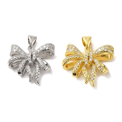 Brass Micro Pave Clear Cubic Zirconia Pendants, Cadmium Free & Lead Free, Bowknot