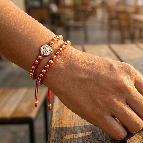 Регулируемые плетеные браслеты из круглых латунных бусин, Браслеты из нейлоновой нити плетеные для женщин, золотые