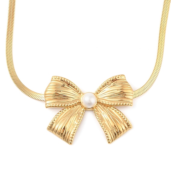 304 ожерелья с подвеской в виде банта из нержавеющей стали с плоскими цепочками-змейками и жемчугом