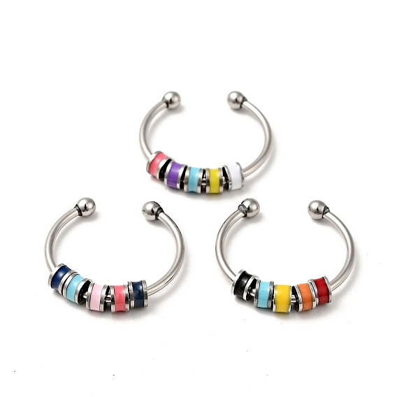 Enamel Disc Rotating Beaded Open Cuff Ring, 201 Stainless Steel Jewelry for Anxiety Stress Relief