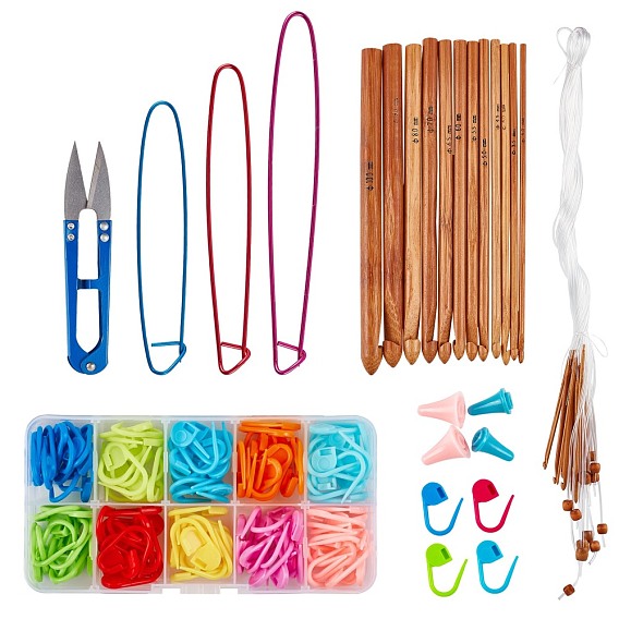 DIY Knit Kit, with Plastic DIY Weaving Tool Knitting Needle Caps & Stitch Needle Clip, Aluminum Stitch Holder, Iron Scissors, Circular Knitting Needles, Bamboo Knitting Needles Set