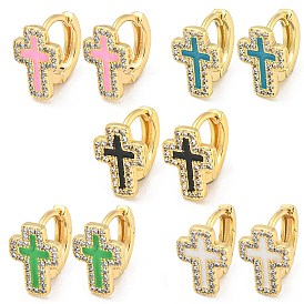Cross Real 18K Gold Plated Brass Hoop Earrings, with Enamel and Clear Cubic Zirconia