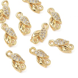 SHEGRACE Brass Micro Pave Clear Cubic Zirconia Connector Charms, Leaf Links, Lead Free & Cadmium Free, Rack Plating, Long-Lasting Plated