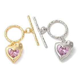 Brass Toggle Clasps, with Glass, Heart, Purple