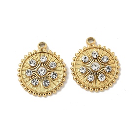 304 Stainless Steel Rhinestone Pendants, Flat Round