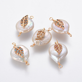 Connecteurs de liens de perles naturelles, avec accessoires zircon cubique micro pave en laiton, pépites avec feuille, or