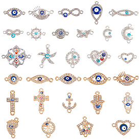 Серебряные позолоченные сплавные звенья, с хрустальными стразами и эмалью, сердце с цветком и дурным глазом