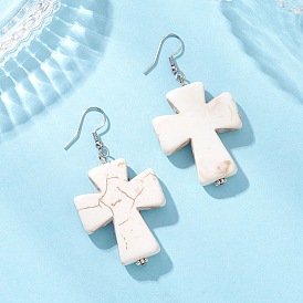 Серьги-подвески из синтетического магнезита, крестик, с фурнитурой для сережек из сплава и железа в тибетском стиле и нержавеющей стали