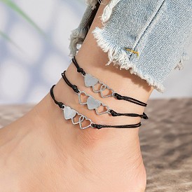 Наборы браслетов на лодыжку из сплава с тройным сердечком из цепочки и шнура для женщин