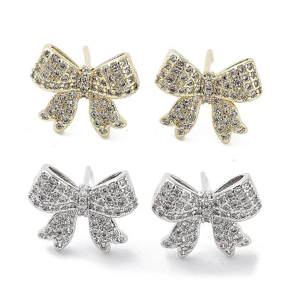 Rack Plating Brass Micro Pave Cubic Zirconia Stud Earring, Cadmium Free & Lead Free, Long-Lasting Plated, Bowknot