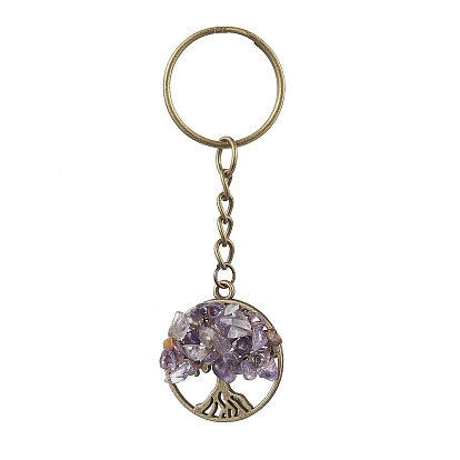 Natural Mixed Gemstone Keychains, with Iron Split Key Rings and Alloy Findings, Flat Round with Tree of Life