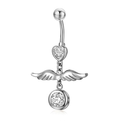 Piercing Jewelry, Brass Cubic Zirciona Navel Ring, Belly Rings, with 304 Stainless Steel Bar, Lead Free & Cadmium Free, Wing